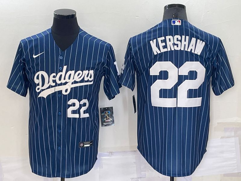 Men Los Angeles Dodgers #22 Kershaw Blue Stripe Throwback Nike 2022 MLB Jersey1